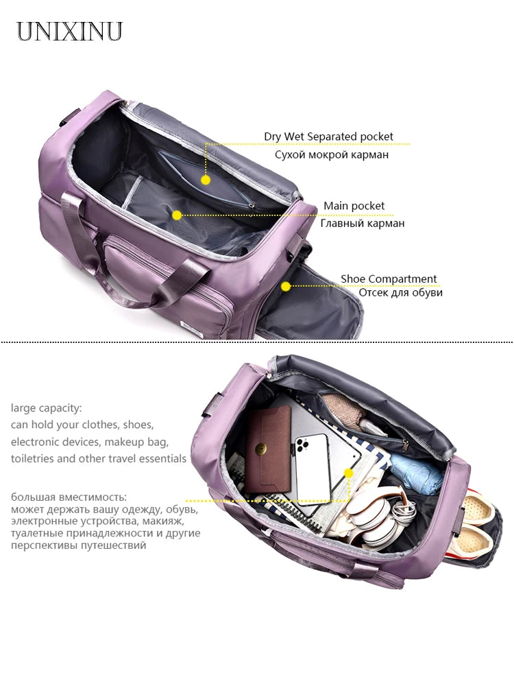 UNIXINU Sac de voyage à main de grande capacité pour week-end Sacs de sport de nuit avec compartiment à chaussures Sacs de sport et de fitness pour femmes